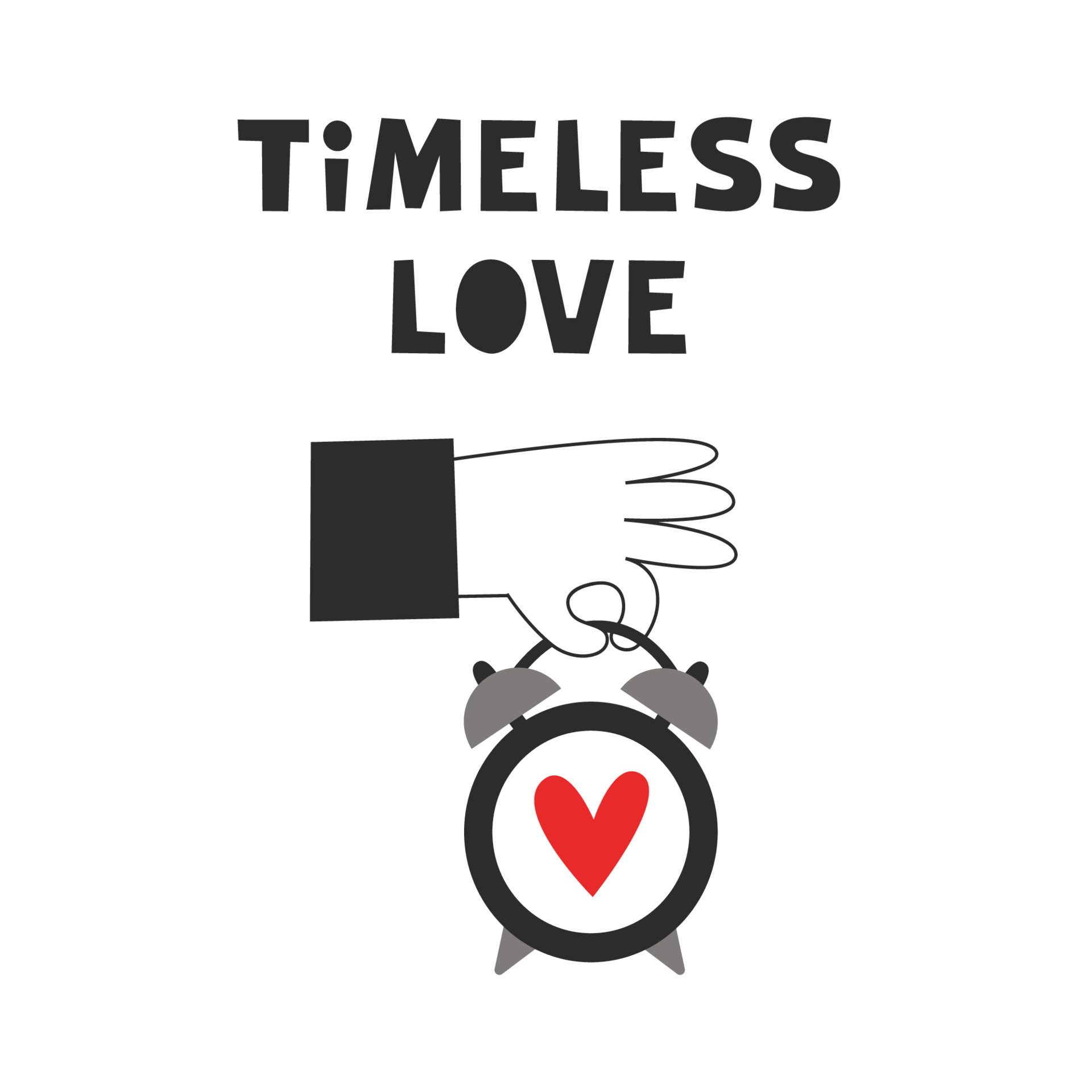Timeless love Valentines card. Hand holding alarm clock with a heart