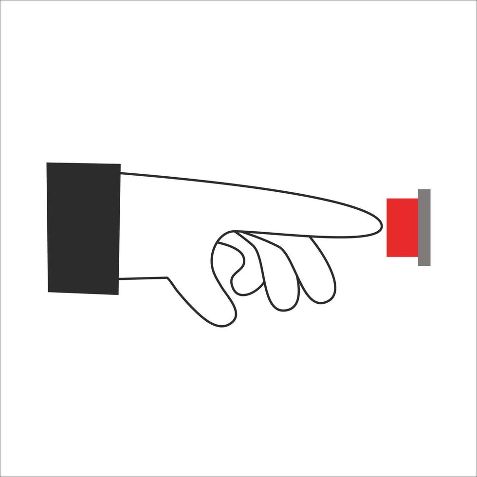Hand push a red button. Forefinger press start or stop and turns on or off. Vector flat illustration.