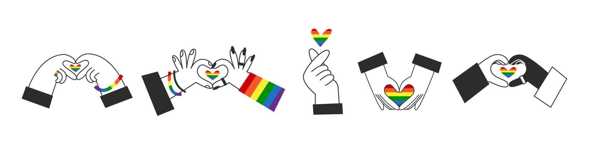 Hands make rainbow heart shape. Different ethnicities with a gay lgbt flag symbol. Happy pride, Valentines day, diversity and inclusion concept. Vector flat illustration set.