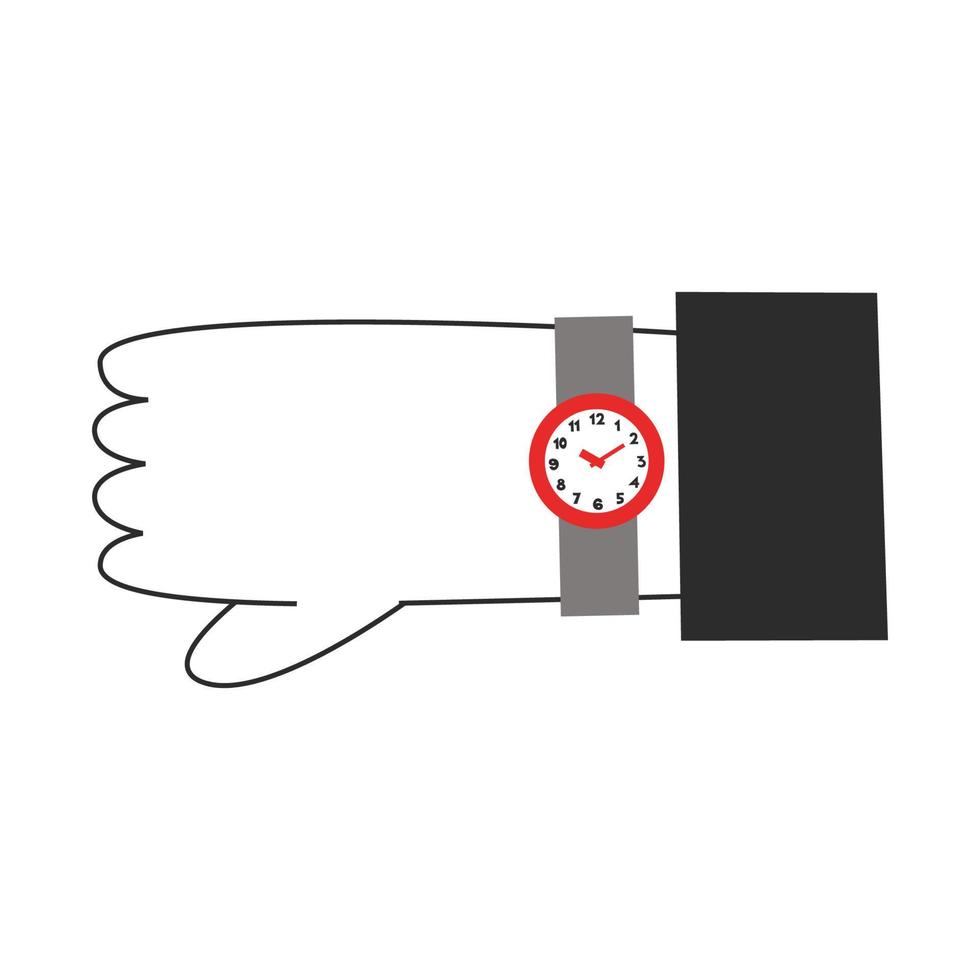 mano con reloj en el muñeca. hora administración concepto. temprano o tarde comportamiento, comienzo y finalizar, horas y minutos, comenzando y fin, fecha límite vector plano ilustración.