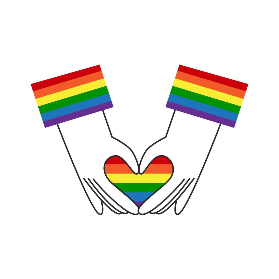 Hands make rainbow heart shape. Gay lgbt flag symbol. Happy pride, Valentines day, diversity and inclusion concept. Vector flat illustration.