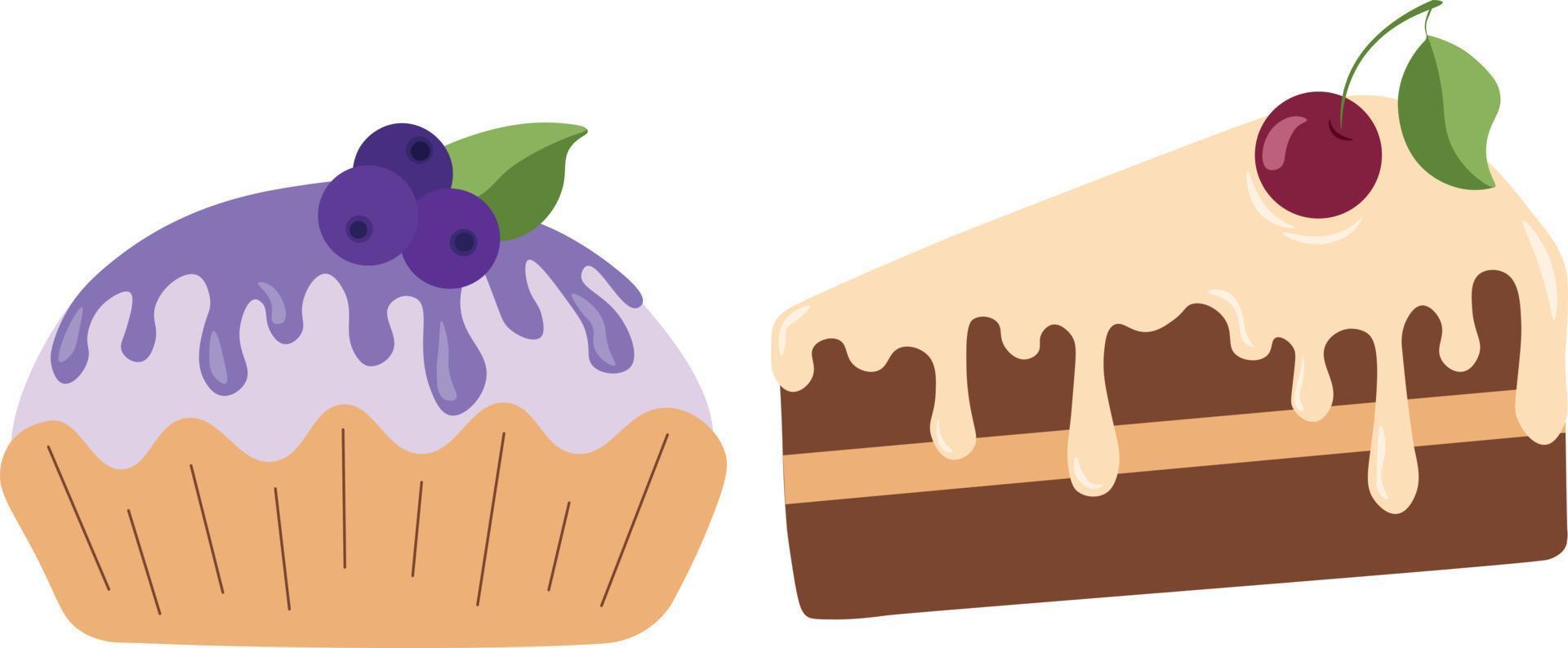 Vector sweets. Peace of cake. Desserts with cherry, blueberry.