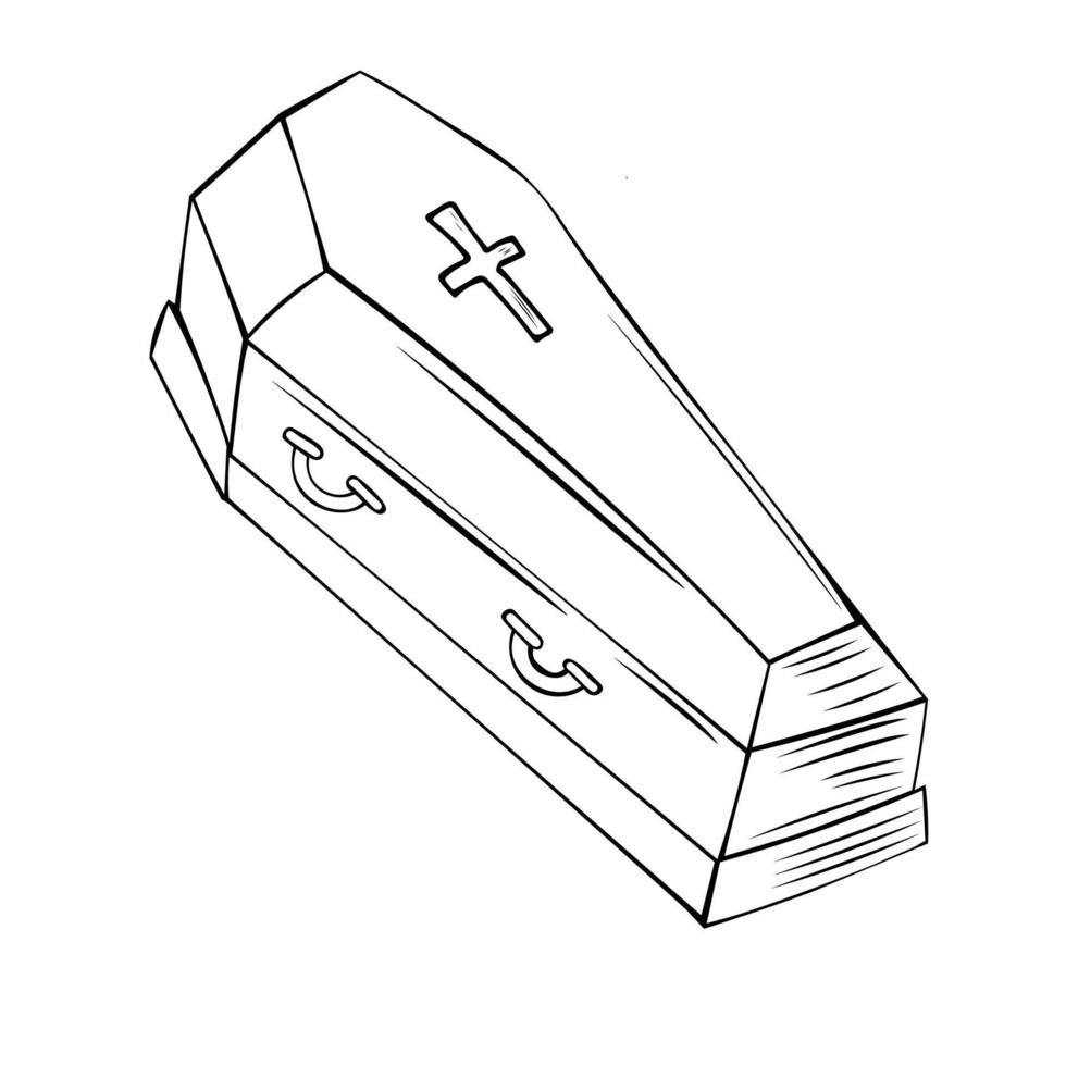 Vector illustration of a hand-drawn coffin with a cross on the top.