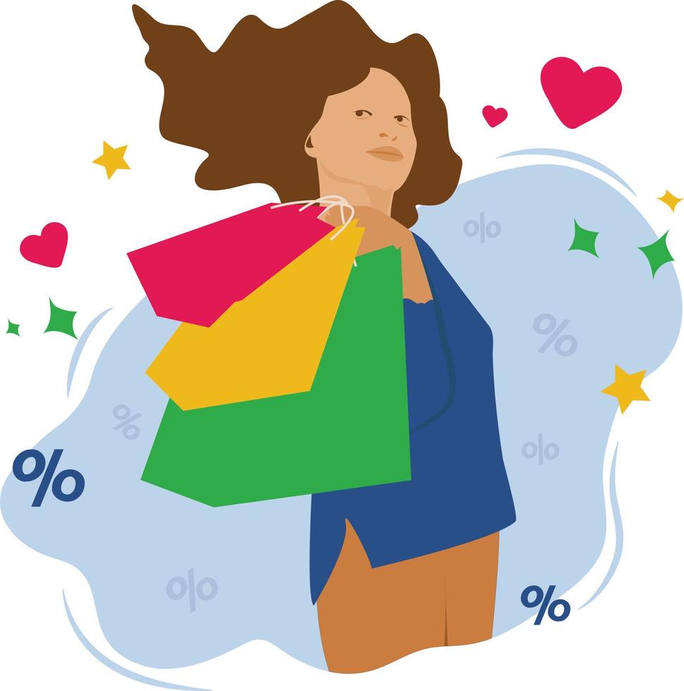 contento mujer participación compras pantalones disfrutando ventas y descuento plano ilustración vector