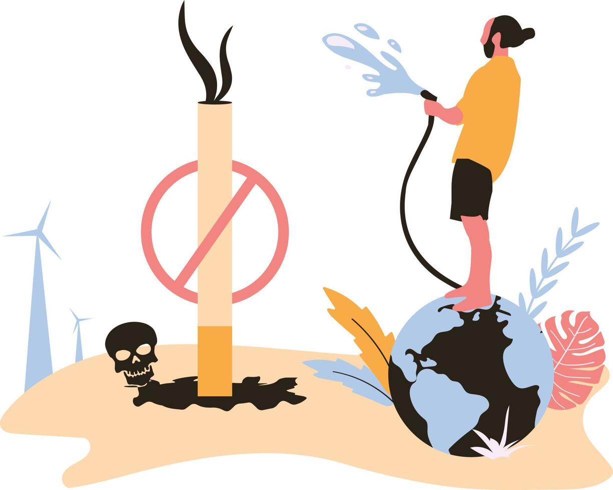 No Smoking, Man Dodging Cigarette Standing On Earth No Tobacco Day Illustration vector