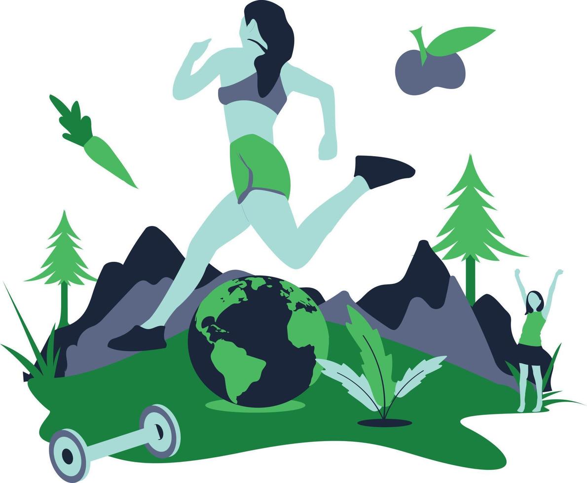 mundo salud día y aptitud ilustración, mujer trotar en naturaleza y gimnasio equipo vector