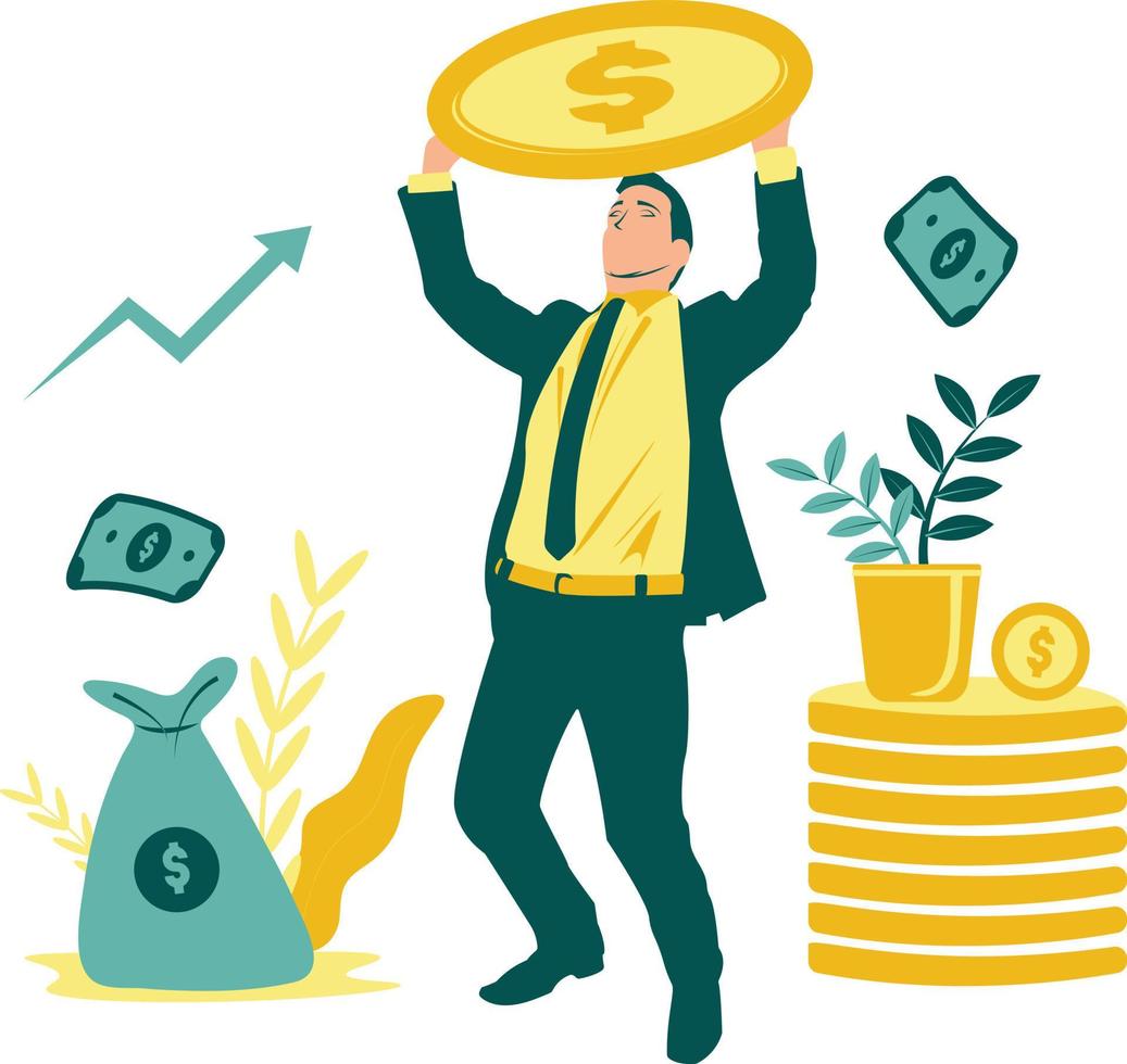 Business Finance Illustration, Man Holding Dollar Coin vector