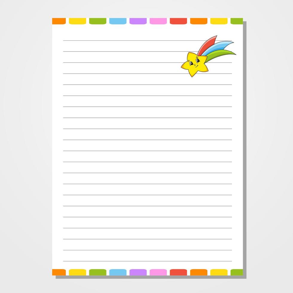 Sheet template for notebook, notepad, diary. Lined paper. Cute character. With a color image. cartoon style. Vector illustration.