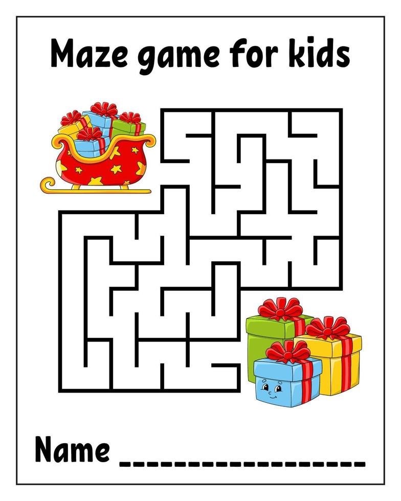 Square maze. Labyrinth conundrum. Game for kids. Puzzle for children. Cartoon character. Isolated on white background. Vector illustration.