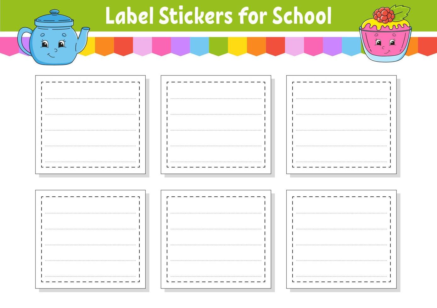 School labels for books and notebooks. Bright stickers. Rectangular label. Vector illustration.