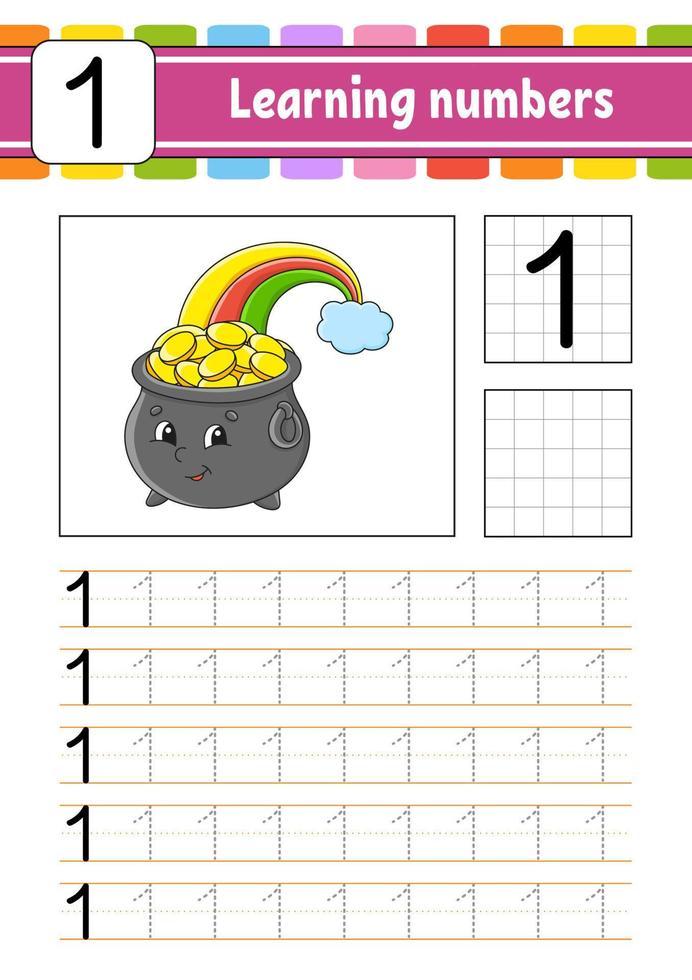 Trace and write numbers. Handwriting practice. Learning numbers for kids. Education developing worksheet. Activity page. Vector illustration.