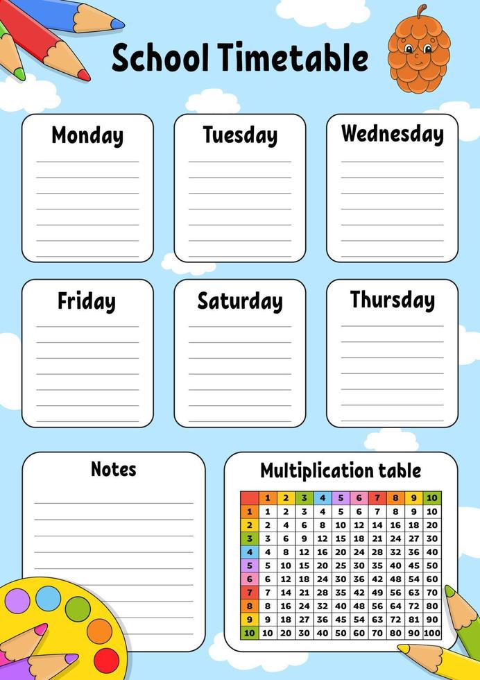 School timetable. For the education of children. Isolated on color background. With a cute cartoon character. Vector illustration.