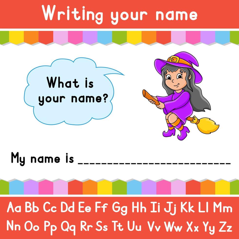 Writing your name. Educational activity worksheet for kids and toddlers. Game for children. Vector illustration.