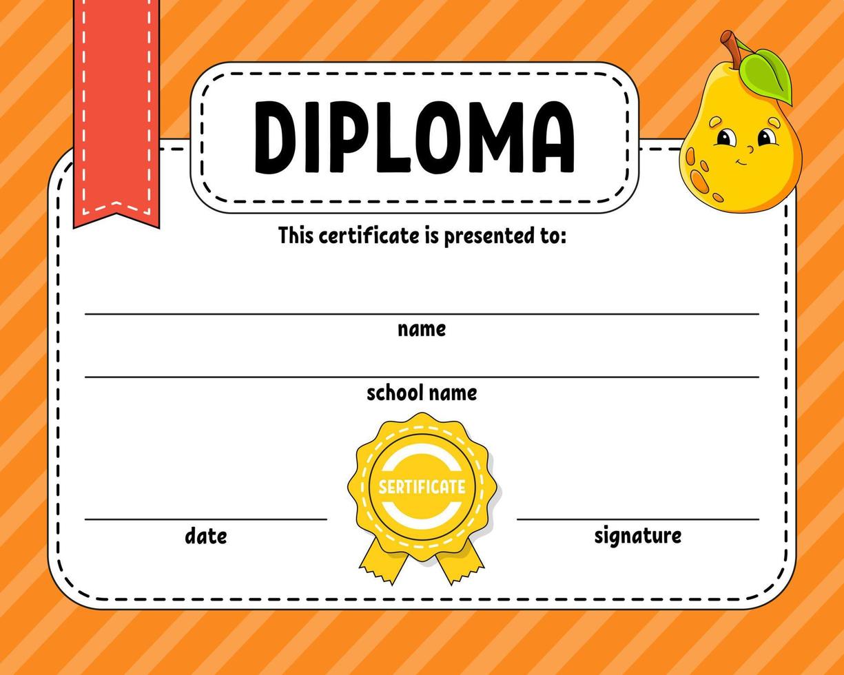 Diploma sertificate template. For school and preschool. For kids and children. Vector illustration.