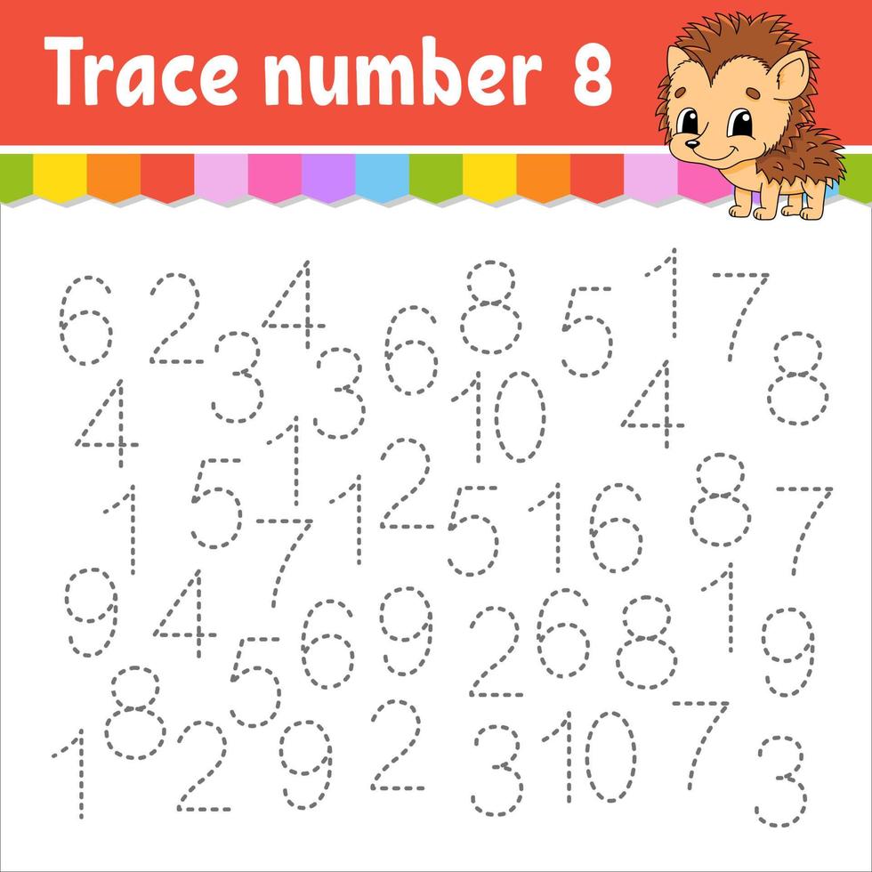 Trace number . Handwriting practice. Learning numbers for kids. Education developing worksheet. Activity page. Vector illustration.