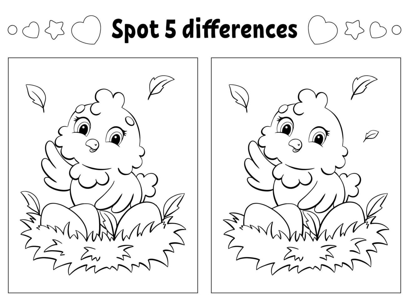 Find five differences. Easter theme. Coloring page for kids. Activity worksheet for children. Vector illustration isolated on white background.