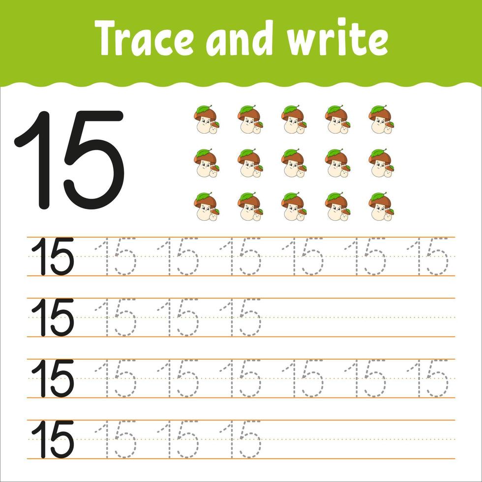 Learn Numbers. Trace and write. Handwriting practice. Learning numbers for kids. Education developing worksheet. Color activity page. Vector illustration.