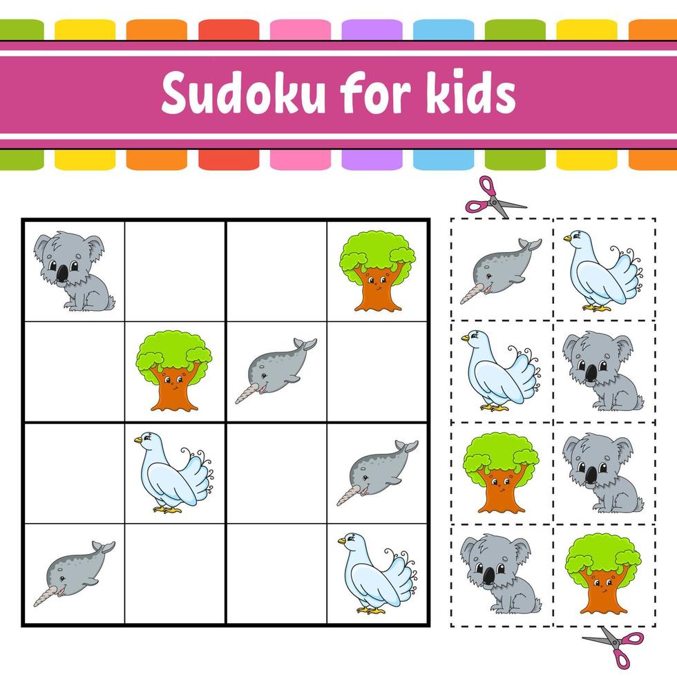 sudoku para niños. hoja de trabajo de desarrollo educativo. página de actividades con imágenes. juego de rompecabezas para niños. entrenamiento del pensamiento lógico. ilustración vectorial aislada. personaje divertido. estilo de dibujos animados. vector