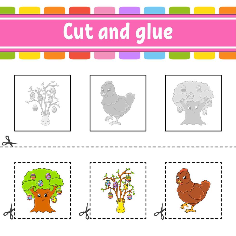cortar y pegamento. juego para niños. educación desarrollando hoja de cálculo. color actividad página. dibujos animados personaje. vector ilustración.