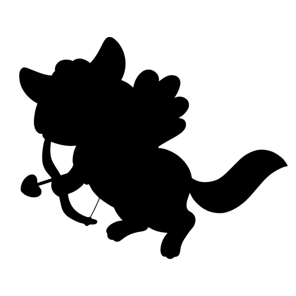 Cute cat cupid. Black silhouette. Design element. Vector illustration isolated on white background. Template for books, stickers, posters, cards, clothes.