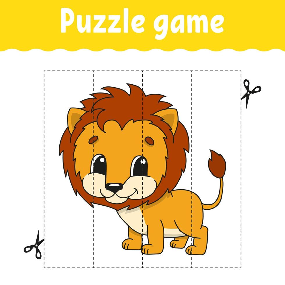 Puzzle game for kids. Cutting practice. Education developing worksheet. Activity page. cartoon character. Vector illustration.