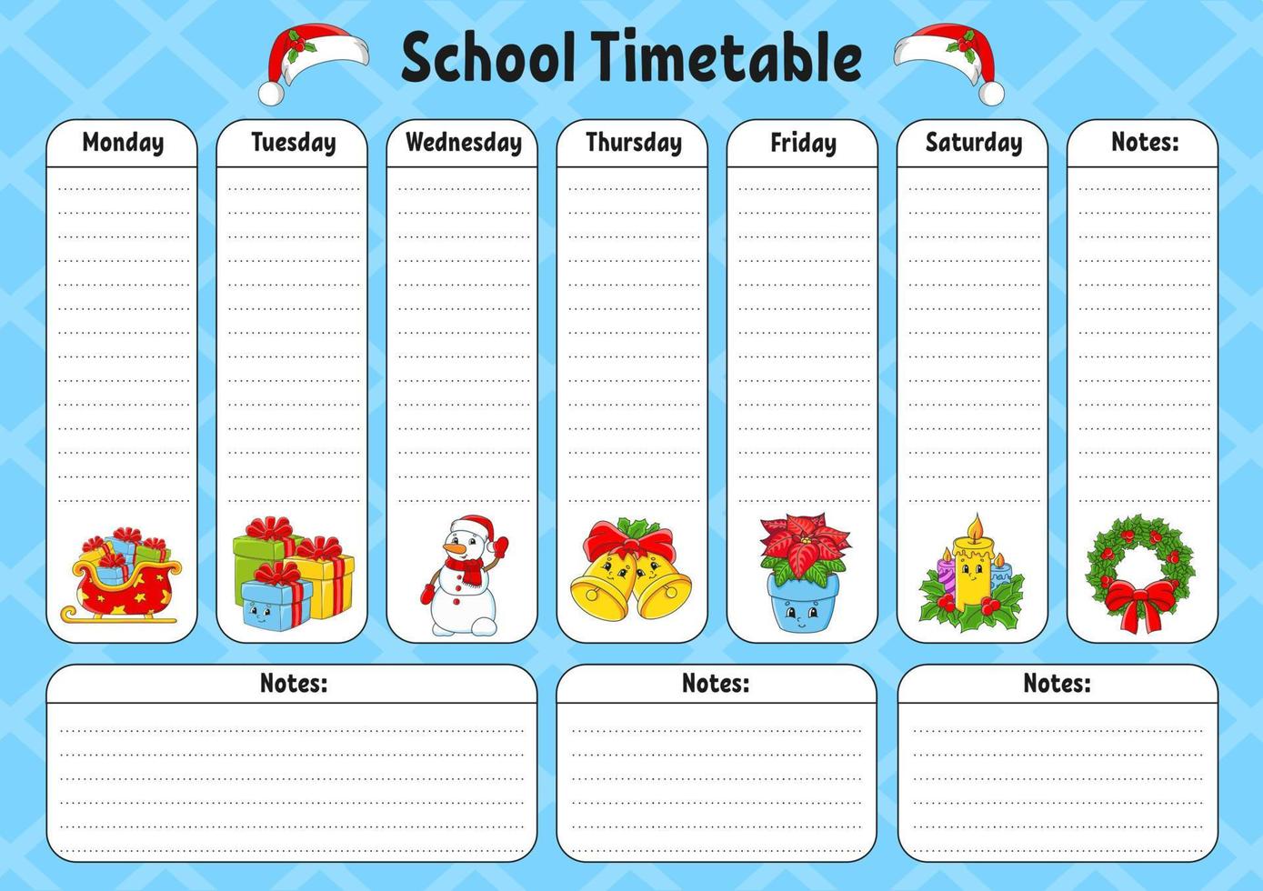 School schedule. Timetable for schoolboys. Empty template. Weekly planer with notes. cartoon character. Vector illustration.