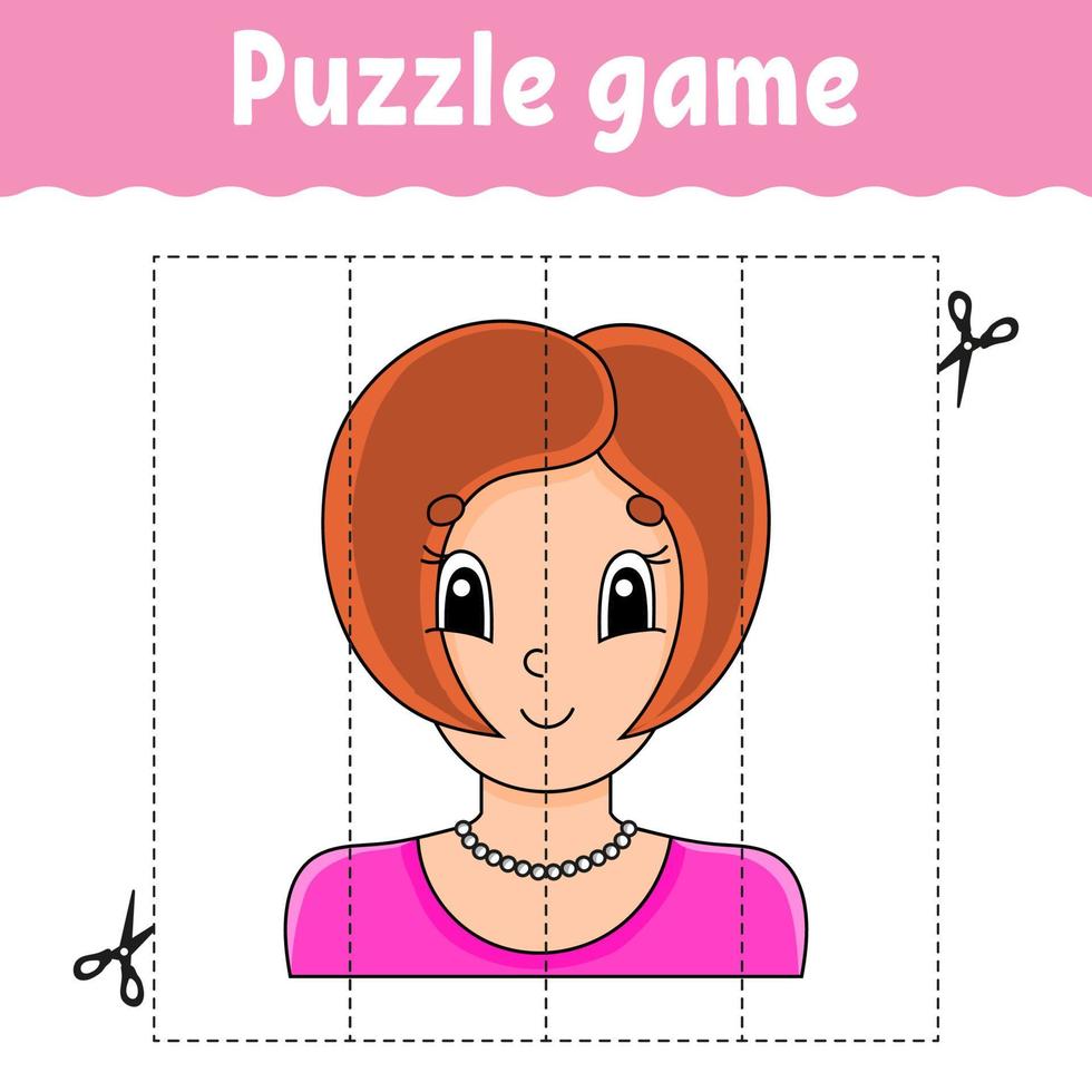 Puzzle game for kids. Cutting practice. Education developing worksheet. Activity page. cartoon character. Vector illustration.