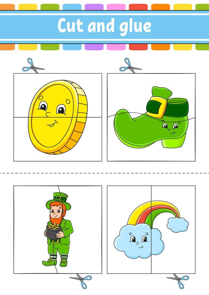 Cut and play. Paper game with glue. Flash cards. Education worksheet. Activity page. St. Patrick's Day. Isolated vector illustration. cartoon style.