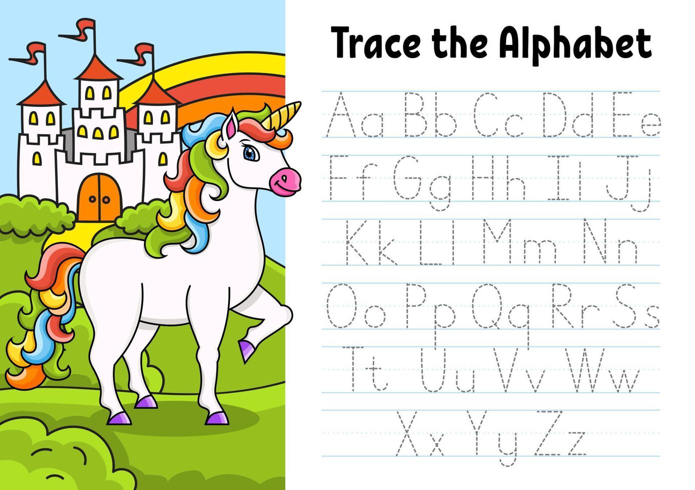 Writing letters. Tracing page with unicorn. Practice sheet. Worksheet for kids. Learn alphabet. Cute character. Color vector illustration. Cartoon style.