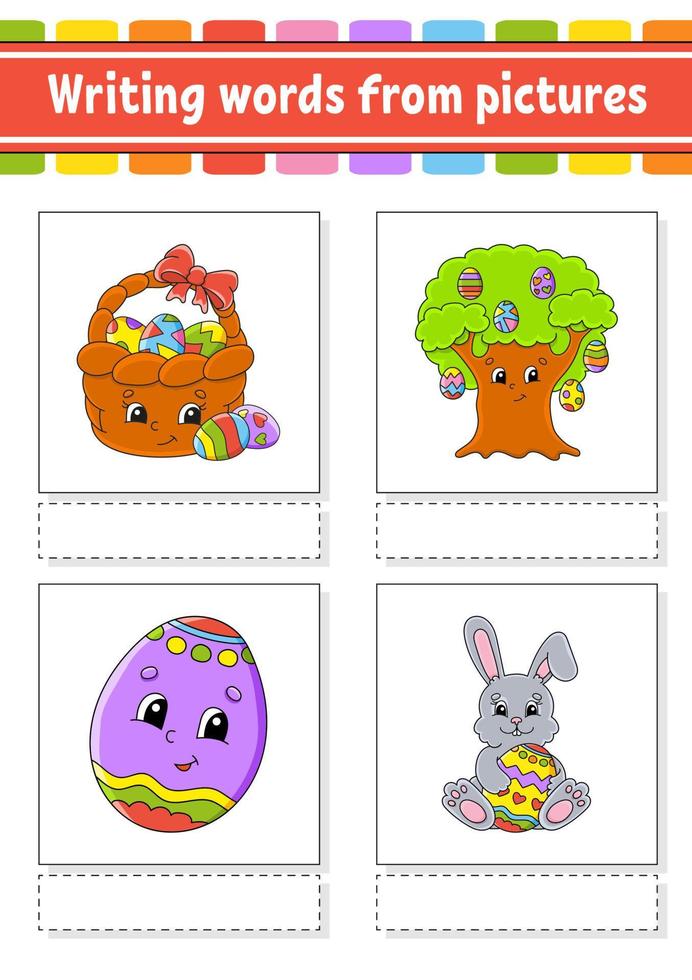 Writing words from pictures. Learn English words. Education developing worksheet. Color activity page. cartoon character. Vector illustration.