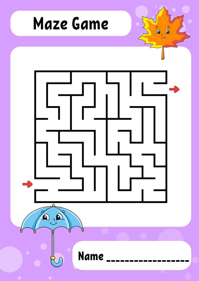 Square maze. Game for kids. Funny labyrinth. Education developing worksheet. Activity page. Puzzle for children. cartoon style. Riddle for preschool. Logical conundrum. Vector illustration.