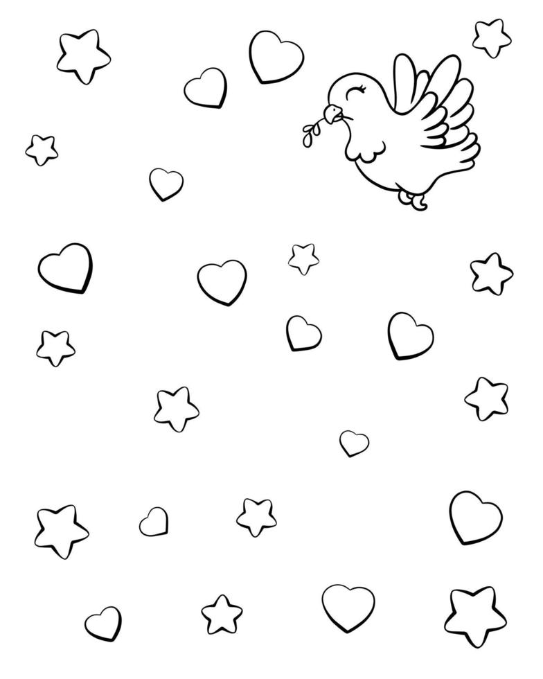 Dove is symbol peace and love. Coloring page for kids. Digital stamp. Cartoon style character. Vector illustration isolated on white background.