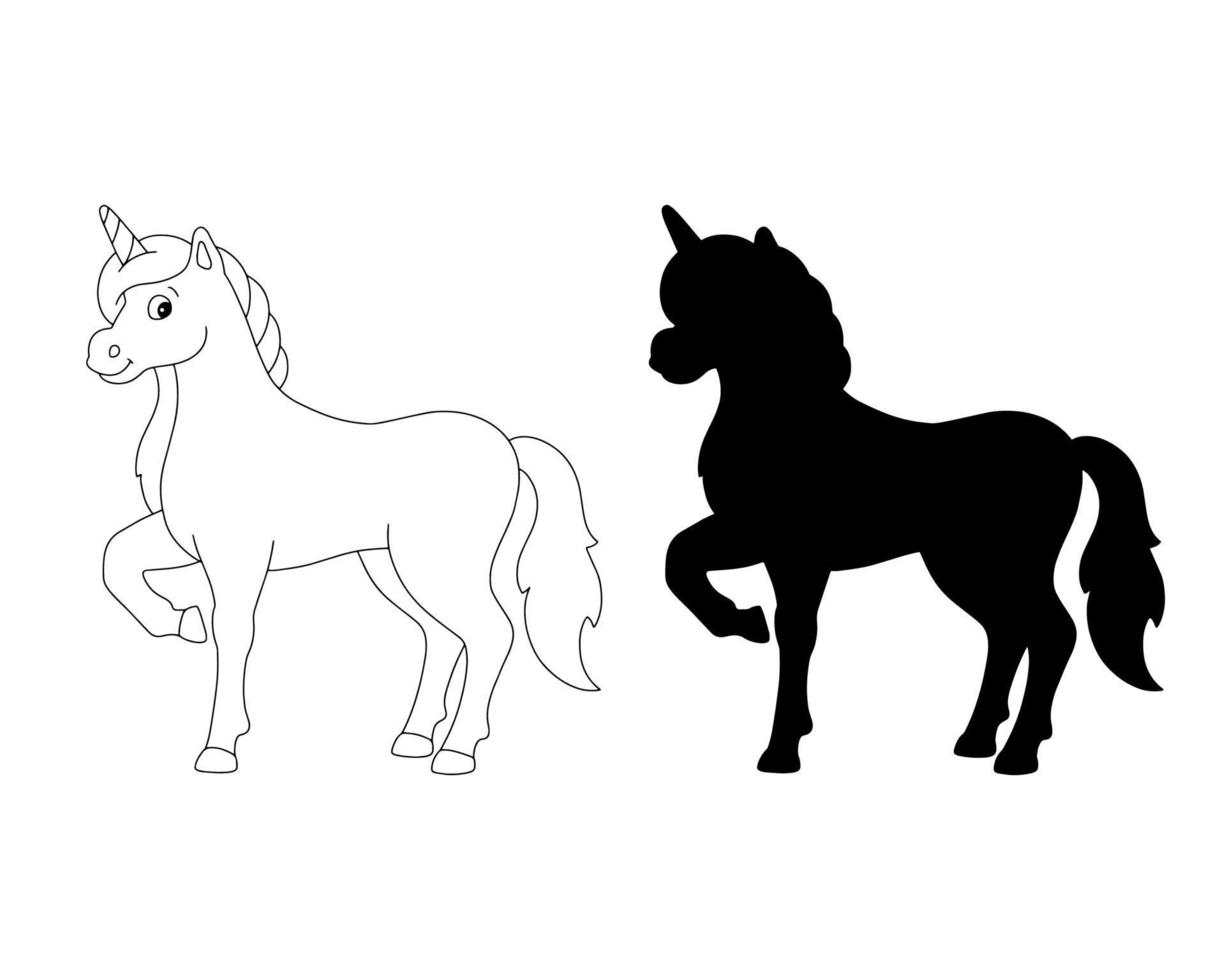 Magic unicorn. Fairy horse. Black silhouette. Design element. Vector illustration isolated on white background. Template for books, stickers, posters, cards, clothes.