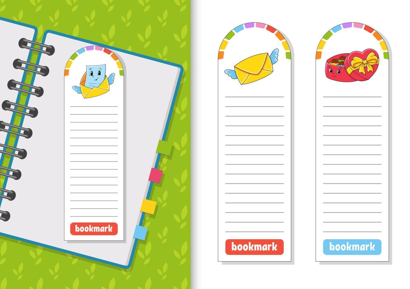 Set of paper bookmarks for books with cute cartoon characters. For kids. Isolated on white background. Vector illustration.