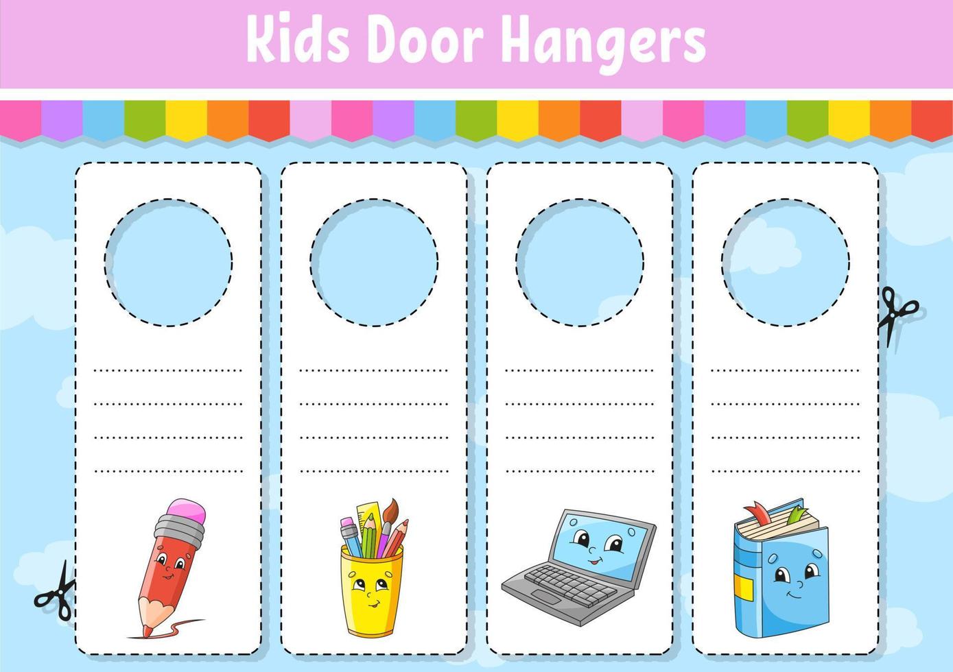 Door hangers. Cute cartoon characters. Sign printable. Kids style. On doorknobs. Tag template. Back to school theme. Vector illustration.