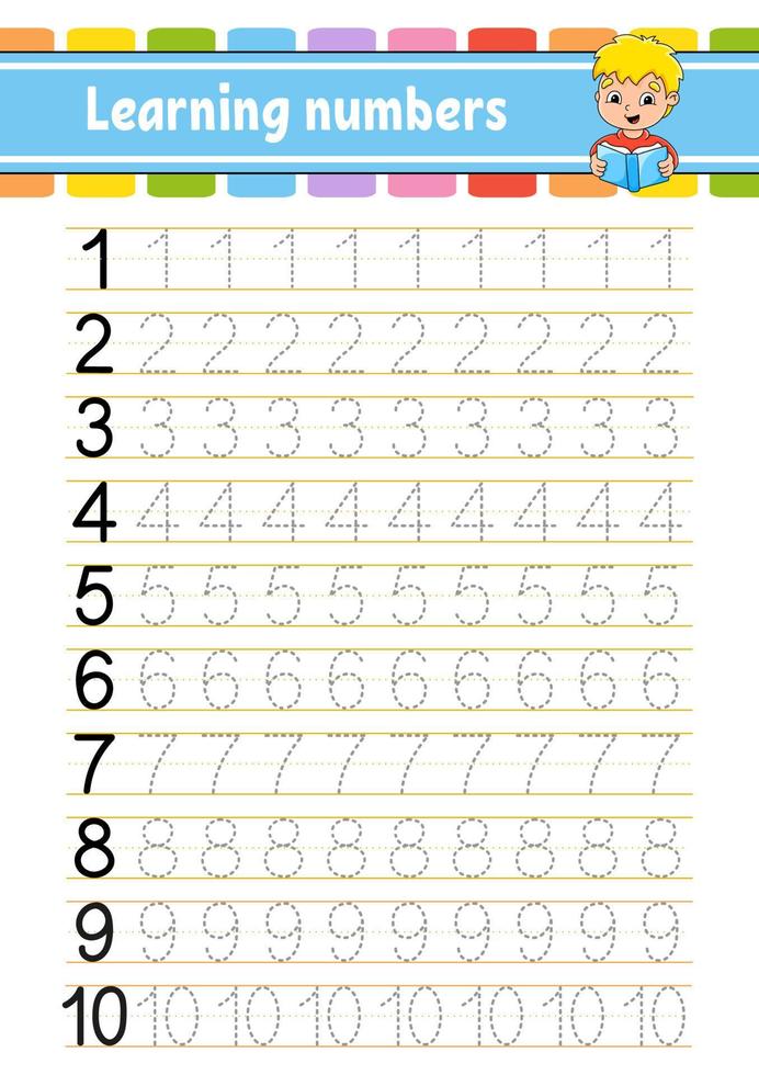 Trace and write numbers. Handwriting practice. Learning numbers for kids. Education developing worksheet. Activity page. Vector illustration.
