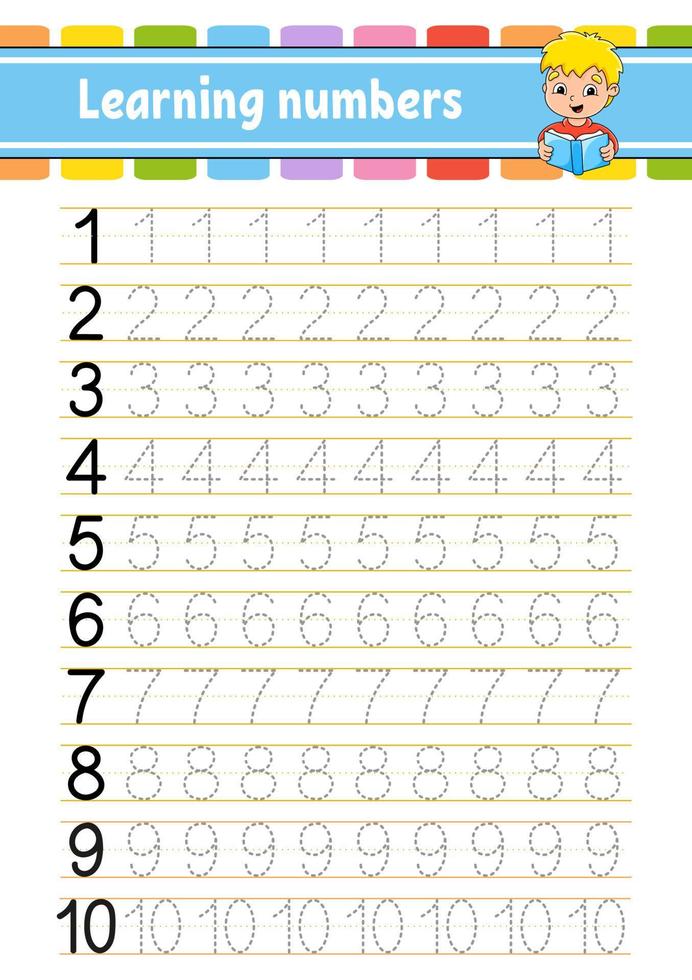 Trace and write numbers. Handwriting practice. Learning numbers for kids. Education developing worksheet. Activity page. Vector illustration.