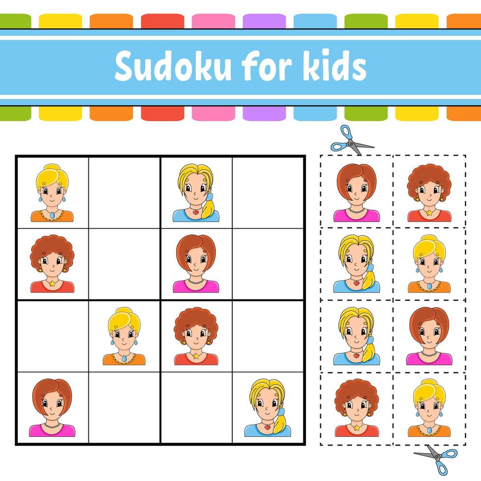 Sudoku for kids. Education developing worksheet. Activity page with pictures. Puzzle game for children. Logical thinking training. Funny character. Vector illustration.