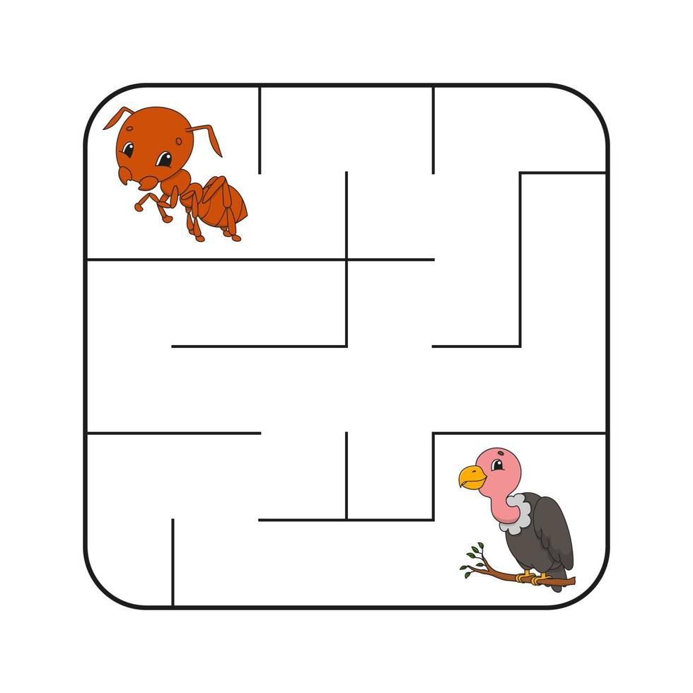 Simple square maze for toddlers. With cute cartoon characters. Isolated on white background. Vector illustration.