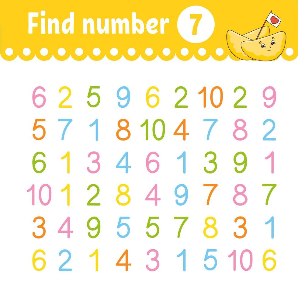 Find number. Education developing worksheet. Activity page with pictures. Game for children. Funny character. cartoon style. Vector illustration.