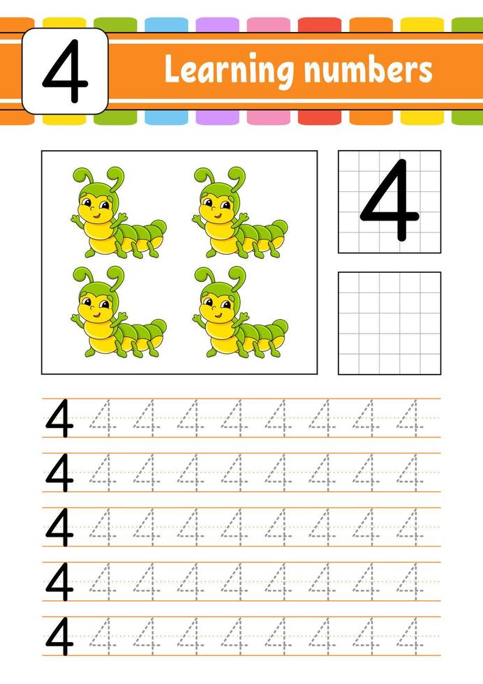 Trace and write numbers. Handwriting practice. Learning numbers for kids. Education developing worksheet. Activity page. Vector illustration.