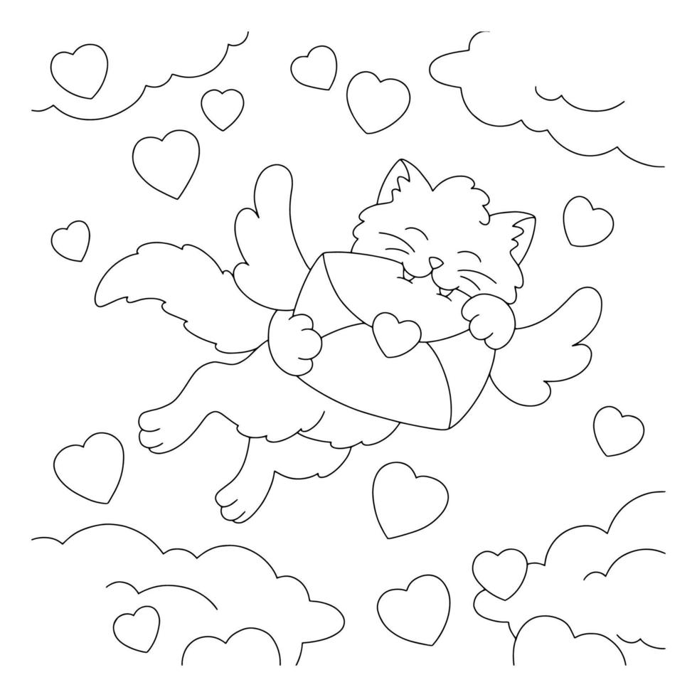 The cat caught a flying envelope with wings. Coloring book page for kids. Valentine's Day. Cartoon style character. Vector illustration isolated on white background.