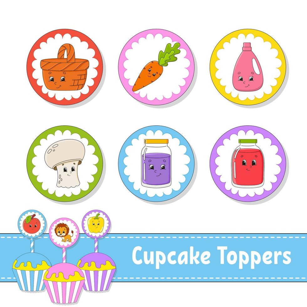 Cupcake Toppers. Set of six round pictures. cartoon characters. Cute image. For birthday, baby shower. Isolated on white background. Vector illustration.