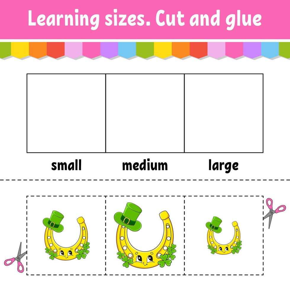 Learning sizes. Cut and glue. Easy level. Color activity worksheet. Game for children. Cartoon character. Vector illustration.