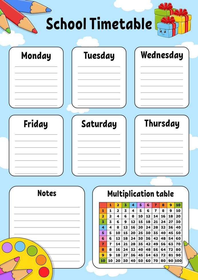 School timetable. For the education of children. Isolated on color background. With a cute cartoon character. Vector illustration.