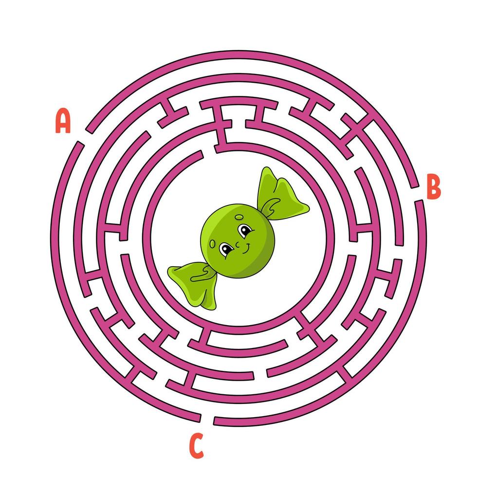 Circle maze. Game for kids. Puzzle for children. Round labyrinth conundrum. Find the right path. Birthday theme. Vector illustration.