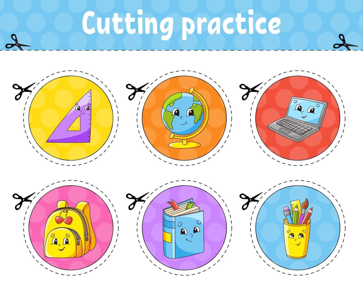 Cutting practice. Educational activity worksheet for kids and toddlers. Game for children. Back to school theme. Vector illustration.