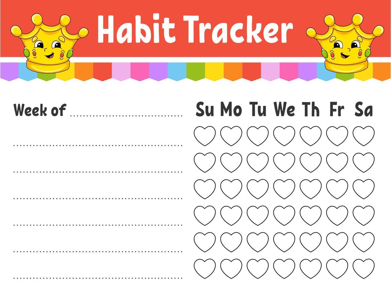 Habit tracker for kids. Sheet template for printing. With cute character. Vector illustration.