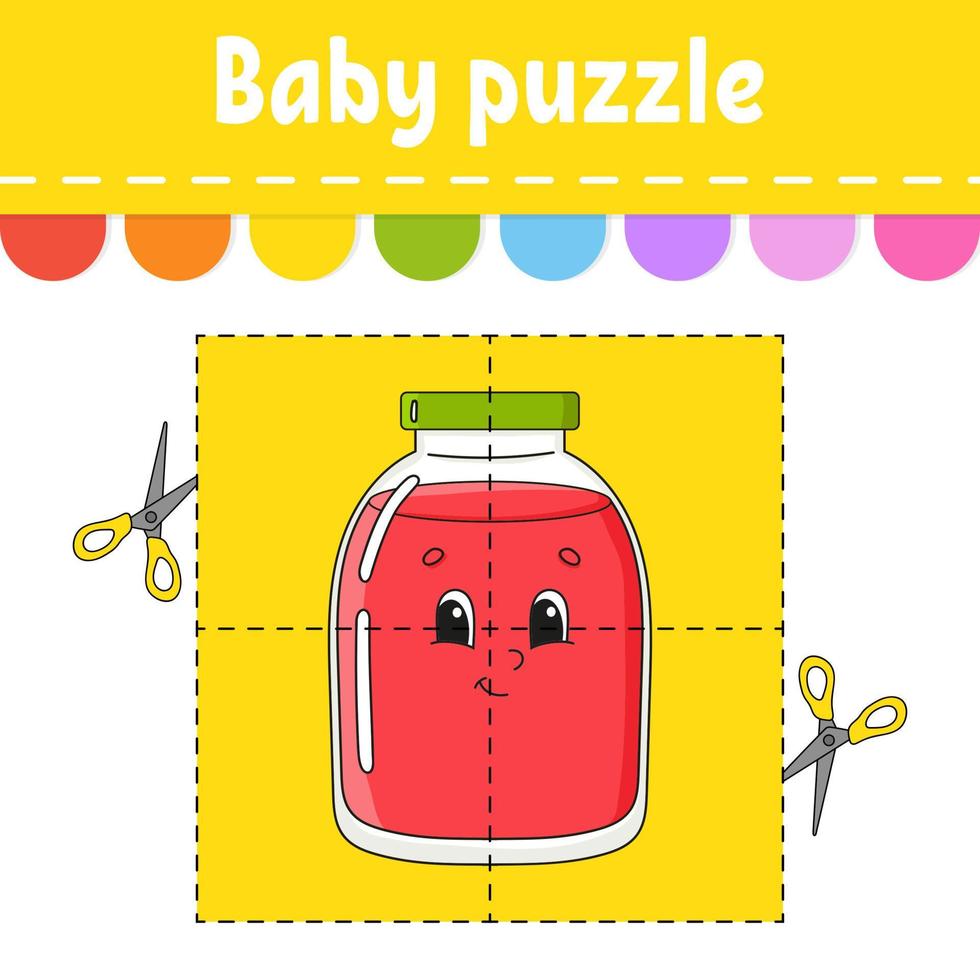 Baby puzzle. Easy level. Flash cards. Cut and play. Color activity worksheet. Game for children. cartoon character. Vector illustration.