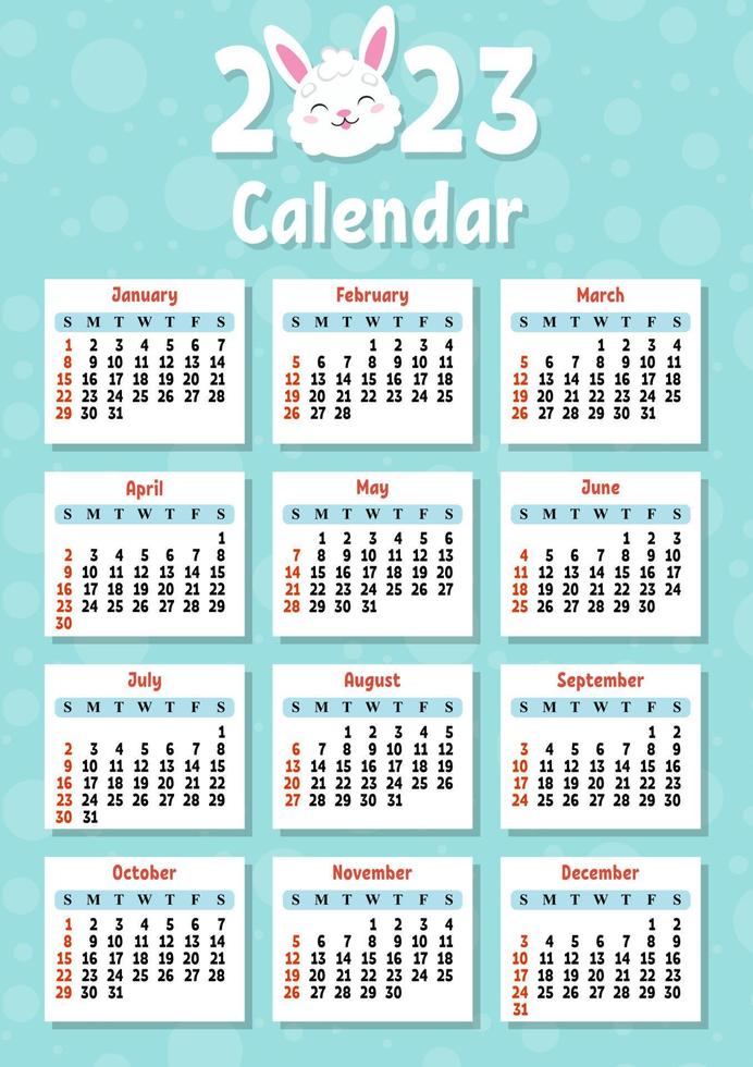 Color calendar for 2023 with a cute character rabbit. Week starts on Sunday. Fun and bright design. cartoon style. Vector illustration.